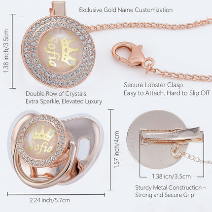 Personalized Any Name Bling Gold Silver Pacifier and Clip Set 18 Colors BPA Free Safe Unique Design Luxurious Dummy Ideal Gift for Baby Show New Born