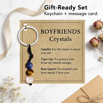 Boyfriend Crystal Keychain, Natural Gemstone Beads for Him, Cute Key Ring Charm Gift, Valentine’s Day Gift for Him