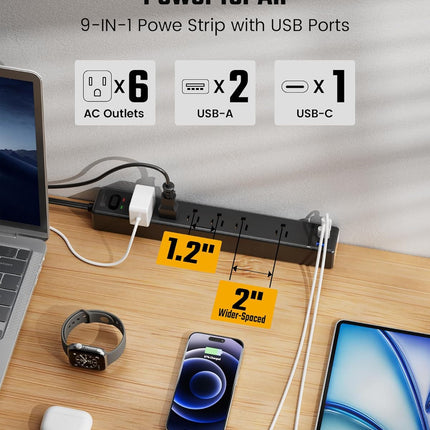 SUPERDANNY Flat Plug Surge Protector Power Strip, 6ft Ultra Thin Extension Cord with 3 USB (1 USB C Port), 6 Outlets Charging Station, Wall Mountable Outlet Extender for Home Office, College Dorm Room