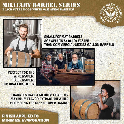 US Army 1 Liter Oak Aging Barrel Dispenser w/Wood Stand, Bung & Spigot - Memorial Day Military Veteran Gifts, 1L Charred Mini Bourbon Whiskey Barrels for The Home Distiller, Moonshiner