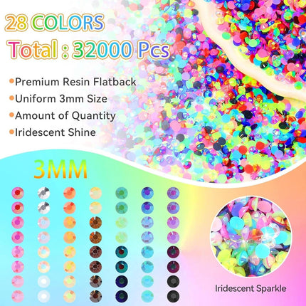 32000Pcs Rhinestones for Bedazzling Kit with Tools, 3mm Flatback Resin Gems for Crafting, Colorful Resin Rhinestones Bedazzler Kit for Clothing Shoes DIY Tumblers & Face Makeup