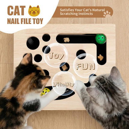 Cat Scratch Puzzle Enrichment Box, Smooth Solid Wood Cat Nail File Enrichment Box with Built-in Sandpaper, Cat Nail File Box Stress Free Alternative to Clippers & Grinders(No Bell Ball)