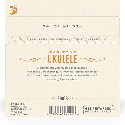 D'Addario Baritone Ukulele Strings, Fluorocarbon, EJ99B, 4-String Set, Pack of 1