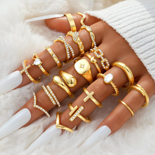 Gold Stackable Rings Set for Women, Gold Plated Chunky Crystal Finger Rings - photo 2