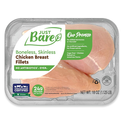 Just Bare® Natural Fresh Chicken Breast Fillets | No Antibiotics Ever | Boneless | Skinless | 1.125 LB