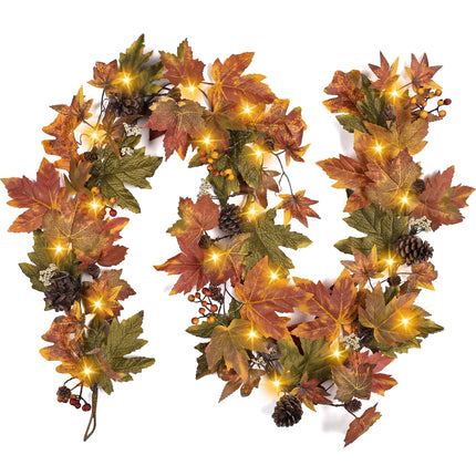 Fall Maple Leaf Garland, 6 Ft Fall Decor Garland with 30 Warm Lights