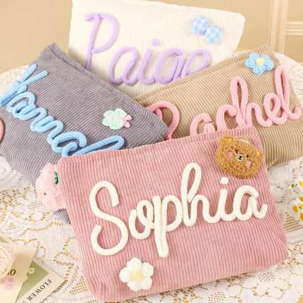 Personalized Corduroy Bag for Girls Women with FREE NAME, Custom Cute Makeup Bags, Travel Toiletry Organizer Pouch, Birthday, Bachelorette Mothers' Day Gift