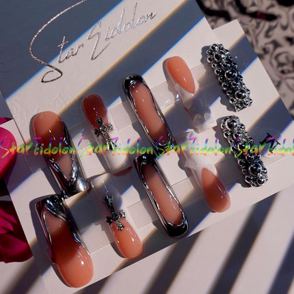 HAND-PAINTED White Press Ons Neon Small Press on Nails Long French Press on Nails Coffin Medium Short Nail art Fake Nail Art Kit with 7g Glue on Nails Handmade Almond Square Nails (TJ-11, Medium)
