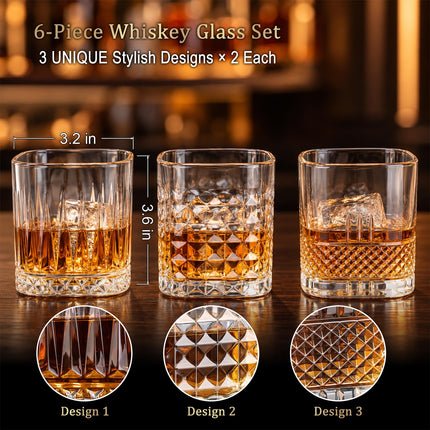 Whiskey Glasses Set of 6, Square Rocks Glasses for Bourbon & Rum Cocktails