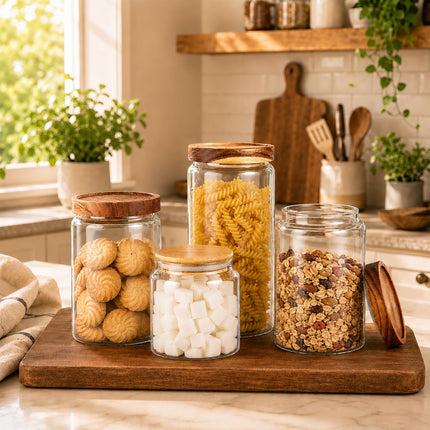 17 floz Small Glass Storage Containers with Lids,Candy Jar with Lid, Glass Food Storage Containers for Kitchen Counter, Pantry, Decorative Jar for Coffee, Sugar,Tea, Cute Jar(Bamboo 17 FL OZ)