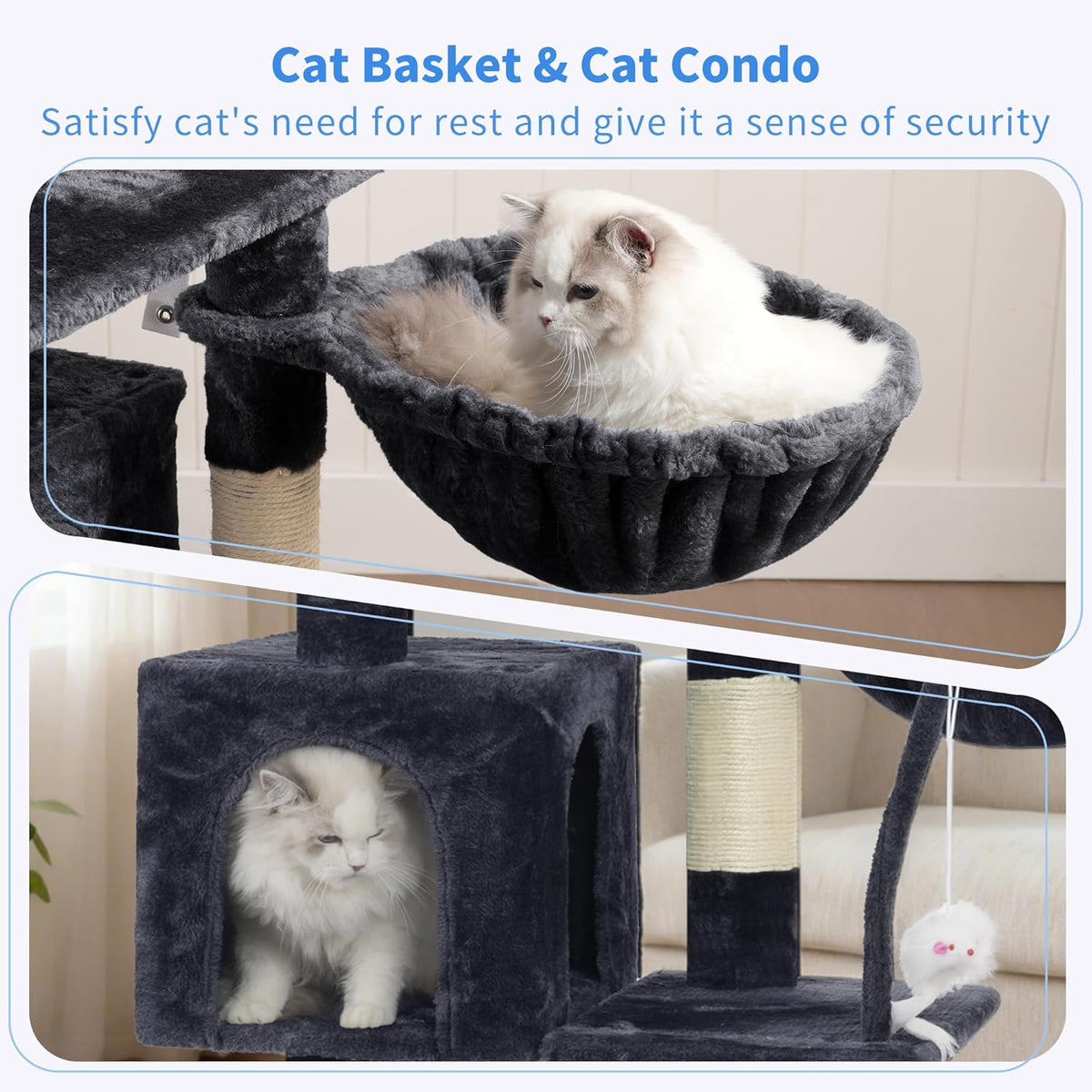 Smoky Gray Indoor Cat Tree with Toy, Plush Perch, Hammock and Sisal Scratching Posts - photo 3