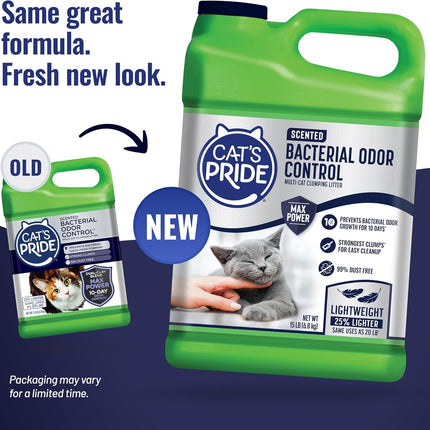 Cat's Pride Max Power: Bacterial Odor Control - Up to 10 Days of Powerful Odor Control - Strong Clumping - 99% Dust Free - Multi-Cat Litter, Scented, 15 Pounds