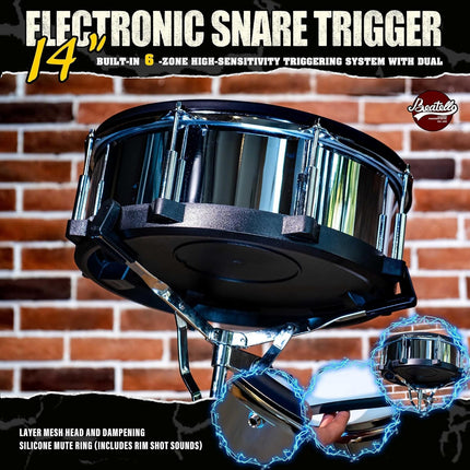 14" Electronic Digital Snare Drum, Authentic Acoustic Feel with Stainless Steel Metal Shell, 6-Zone High-Sensitivity Trigger Pad, Rim Shot & Cross Stick, Universal Output, Silver