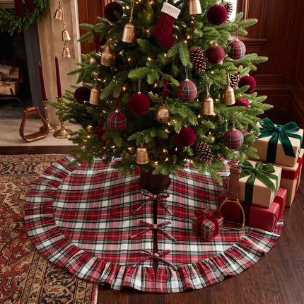 Falda de árbol de Navidad de tartán rojo con borde de volantes y lazo, 36 Inch
