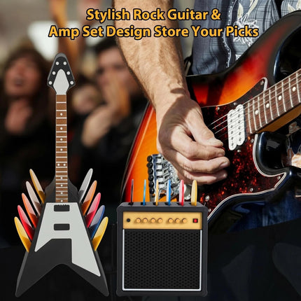 Guitar Picks Holder Box, Pick Display Holder, Amp Speaker Styled Pick Holder and V-Shaped Guitar Pick Holder, Pick Storage Box Set for Guitar Players and Music Enthusiasts