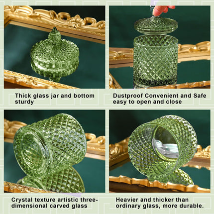 4 Pcs Crystal Glass Candy Jar Set with Lids Home Decorative Storage Jars for Apothecary, Bathroom, Kitchen, and Pantry, Ideal for Cotton Swabs and Jewelry (Medium,Green)