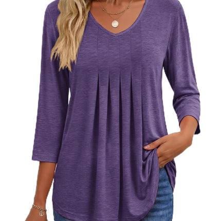 3/4 Length Sleeve Womens Tops V Neck Blouses Pleated Casual Shirts