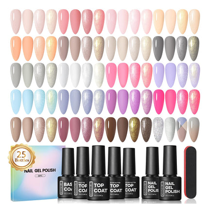 Set de 25PCS de esmalte de uñas en gel colores de otoño, esmalte en gel soak off con brillo y mate, capa superior dorada plateada con glitter, rojo marrón negro blanco verde DIY para mujeres y niñas