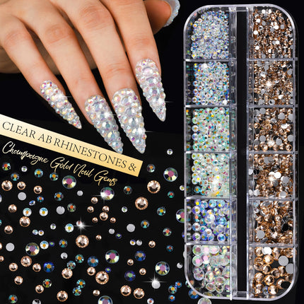 Gold and Silver Nail Charms and Gems Set, 6 Boxes Multi-Shapes Nail Gems Nail Rhinestones Nail Pearls for Nail Art Design