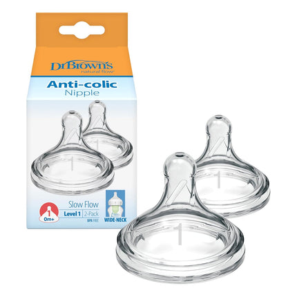 Dr. Brown’s Natural Flow Level 1, Wide-Neck Baby Bottle Nipple, Slow Flow, 100% Silicone, 2 Pack, 0m+