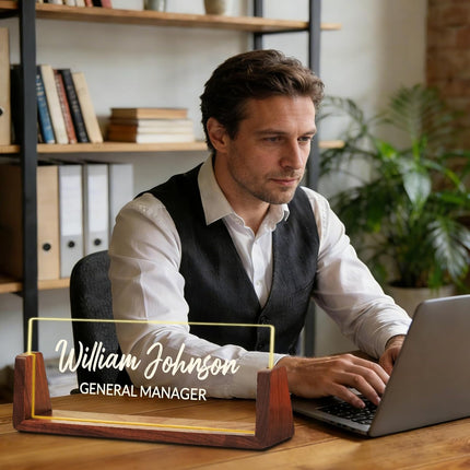 Ship Next Day Custom Name Plate for Desk, Personalized Acrylic Desk Name Plate with LED Walnut Frame, Office Desk Accessories, Appreciation Gifts for Boss Employee Coworker Teacher Women Men (Classic)