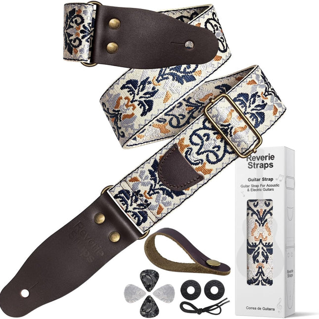 Jacquard Embroidered Guitar Strap, Genuine Cowhide Leather Ends