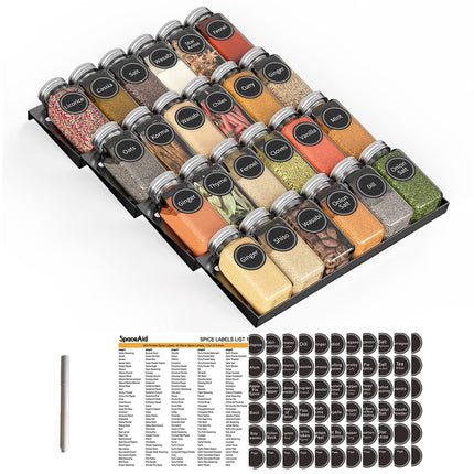 Spice Drawer Organizer with 28 Spice Jars, 386 Spice Labels, 4 Tier Seasoning Rack Tray Insert for Kitchen Drawers, 13" Wide x 17.5" Deep