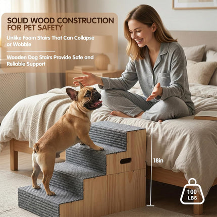 Wooden Dog Stairs for Small Large Dogs,Dog Steps for Couch Bed 18" H,Pet Stairs with Soft Carpeted Steps, Pet Steps for Cats Puppy Doggy Senior Pets up to 100 LBS