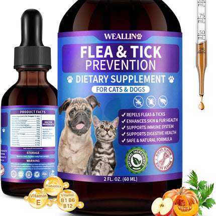 WEALLIN Flea and Tick Prevention for Cats and Dogs Natural Flea Treatment Support Drops with Multivitamin for Pets Oral Natural Supplement Flea and Tick Treatment Drops for All Breeds and Ages