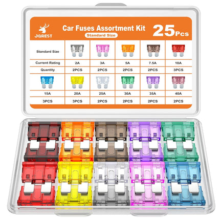 JOREST 25Pcs Standard Car Fuse Kit -Standard Blade Fuses Automotive - Replacement Fuses Assortment Kit for Car/RV/Truck/Motorcycle(2Amp 3A 5A 7.5A 10A 15A 20A 25A 30A 35A 40A)