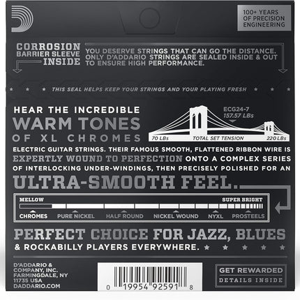 Guitar Strings - Electric Guitar Strings - Flat Wound - Polished for Ultra-Smooth Feel and Warm, Mellow Tone - Jazz Light, 7-String, 11-65, 1-Pack