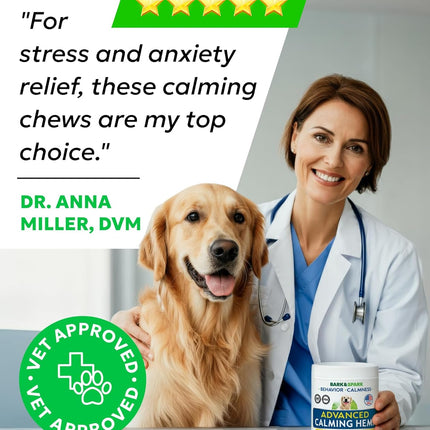 BARK&SPARK Advanced Calming Hemp Treats for Dogs - Hemp Oil + Melatonin - Anxiety &Stress - Separation Aid - Relief During Fireworks, Storms - Aggressive Behavior, Barking - 90Chews