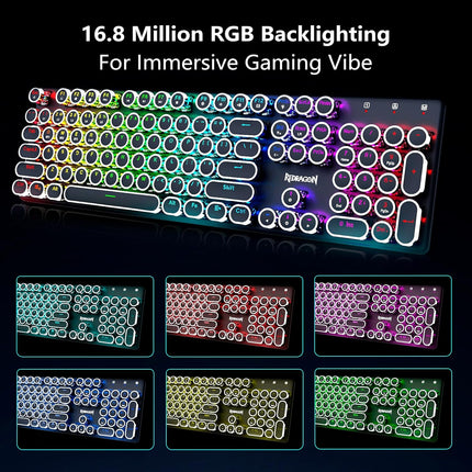 Redragon Wireless Typewriter Style Mechanical Gaming Keyboard, Bluetooth/2.4Ghz/Wired, RGB Backlit, Rechargeable, Blue Switch - Clicky, Metal Panel, Round Keycaps, Black