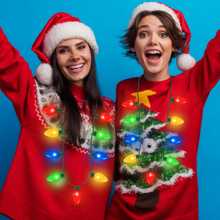 2Pack Christmas Light Necklace 9 LED Bulbs 3 Flash Modes Ugly Sweater Light