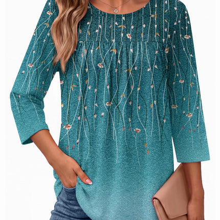 Womens 3/4 Length Sleeve Tops Boho Blouses Casual Pleated Shirts