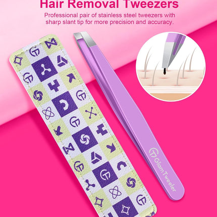 Expert Slant Tip Tweezers with Leather Case, GlamTweeler Sharp & Precision Stainless Steel Tweezer for Eyebrows, Facial Hair and Fine Hairs Removal (Violet)