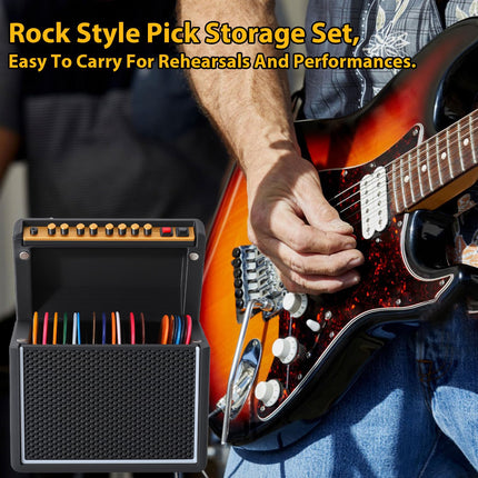 Guitar Picks Holder Box, Amp Speaker Styled Pick Holder with 5 Celluloid Guitar Picks, Guitar Pick Display Holder Storage Box Set for Guitar Players and Music Lovers