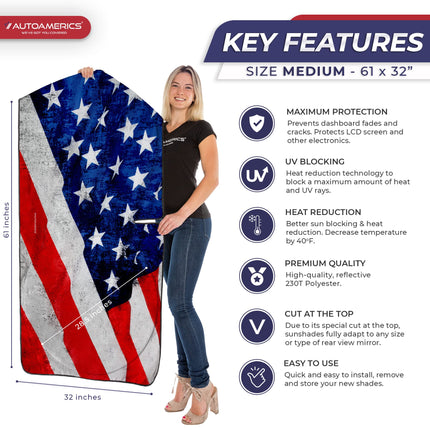 1-Piece Windshield Sun Shade Grunge American Flag - 4 USA Design - Foldable Car Front Window Sunshade for Most Sedans SUV Truck - Blocks Max UV Rays and Keeps Your Vehicle Cool - Medium