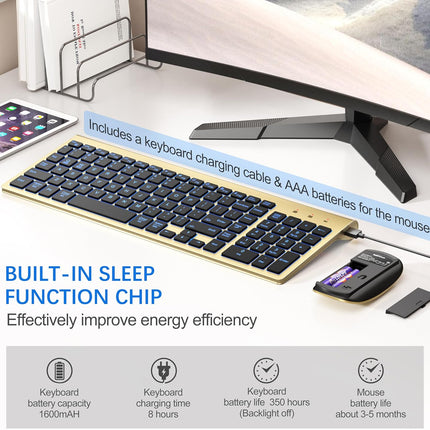 TopMate Wireless Keyboard and Mouse Ultra Slim Combo, 2.4G Silent Compact USB 2400DPI Mouse and Scissor Switch Backlit Keyboard Set, for PC/Laptop/Windows/Mac/Gaming - Gold Black
