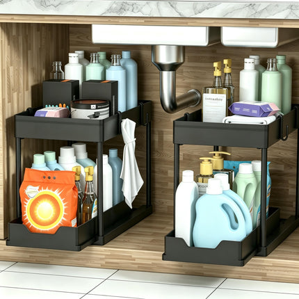 Under Sink Organizer 2 Pack, Bathroom Cabinet Organizer, 2 Tier Sliding Cabinet Basket Organizer Drawer, Multi-Purpose Bath Collection Baskets for Bathroom (Black)