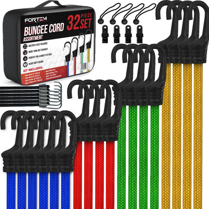 Bungee Cords with Hooks, 32pk 10" 18" 24" 32" 40 Bungees & Tarp Ties