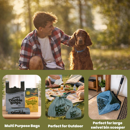 Heavy Dootie Bags with EZ Tie Handles. Clean and Convenient for Pet Dog Poop, Cat Litter. Multi-Use. Great for Swivel Bin and Scoopers. Made with Cornstarch. Strong, Leakproof and Very Large