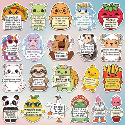 120PCS Positive Affirmation Stickers – Cute Animal & Food Pun Vinyl Decals, Waterproof Funny Motivational Stickers for Water Bottles, Phones, Laptops, Journals, Scrapbooks, No Duplicates (2.8–3 Inch)