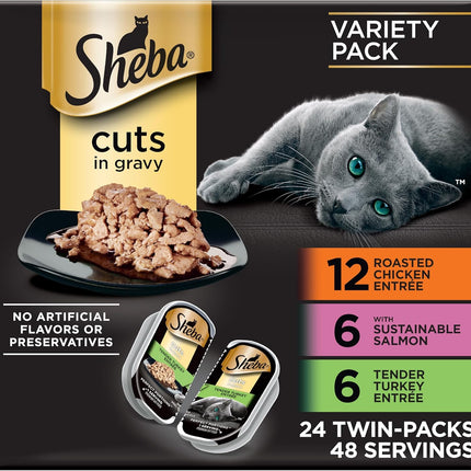 Sheba Perfect Portions Wet Cat Food Cuts in Gravy, Cat Food Wet Recipe, Roasted Chicken Entree, with Sustainable Salmon, Tender Turkey Entree, 2.6 oz. Twin-Pack Trays (24 Count, 48 Servings)