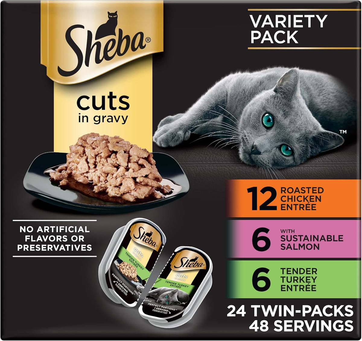 Wet Cat Food Cuts in Gravy, Cat Food Wet Recipe, Roasted Chicken Entree, with Sustainable Salmon, Tender Turkey Entree