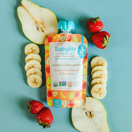 Babylife Organics Stage 2 - Pear, Strawberry & Banana, 3.5 Ounce Pouch (6 Pack) - Heavy Metal Safe, Organic Baby Food