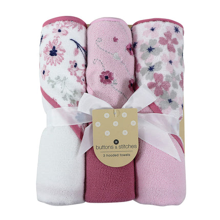 Buttons & Stitches Baby Girl 3 Pack Rolled/Carded Hooded Towels in Crisp Blossom Print (GS71728)