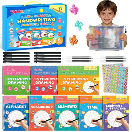 Magic Grooved Writing Practice for Kids Ages 3-8, Handwriting Practice for Kids 5-7, Preschool Tracing Books, Reusable Grooved Writing Books with Disappearing Ink, Gifts for 3 Year Old Boy