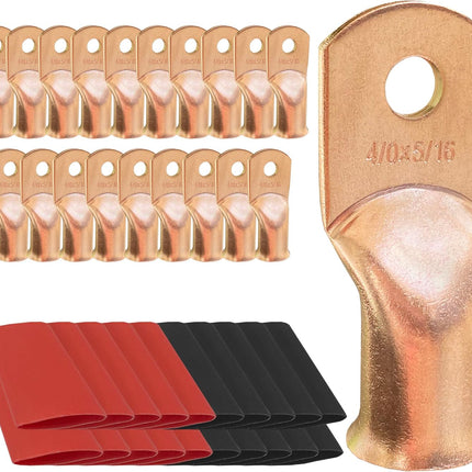 10pcs 4/0 AWG-5/16 Ring Battery Lugs, Copper Lugs, Battery Cable Ends, Tubular Terminals, Battery Terminal Connectors with Heat Shrink Tubing (10, 4/0 Awg - 5/16" (M8) Ring)