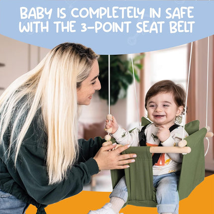 Indoor Outdoor Baby Swing with 3-Point Harness and Hardware for Ceiling, Porch, Doorway, Canvas Toddler Swing Seat Green